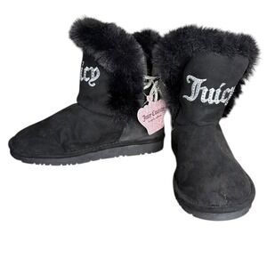 NWT Juicy Couture Black Faux Fur Boots Rhinestone Bow Glitter Logo Kid's Size 1